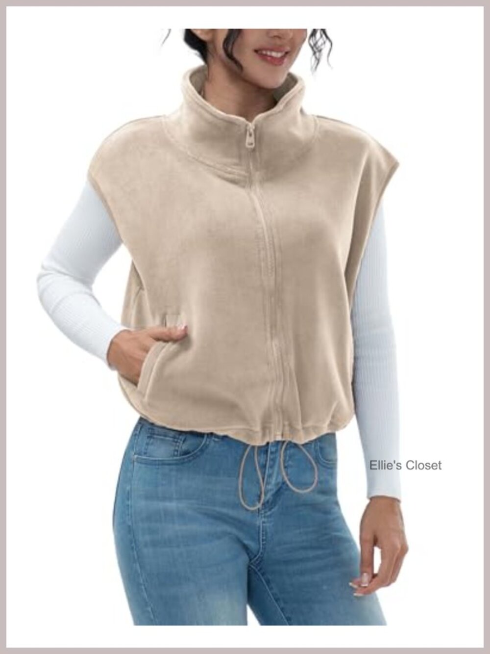 Full Zip Fleece Vest Sherpa Crop Sleeveless Stand Collar Winter Warm